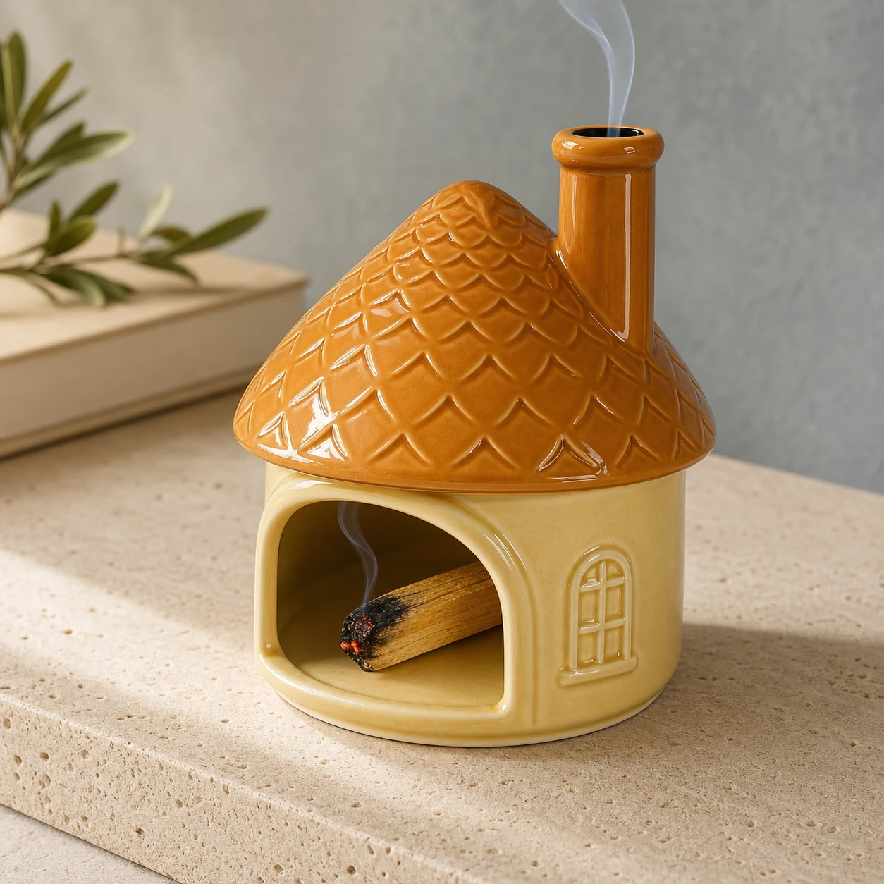 Yellow house ceramic Palo Santo holder with a visible smoldering wood tip inside the hearth and thin smoke exiting the chimney