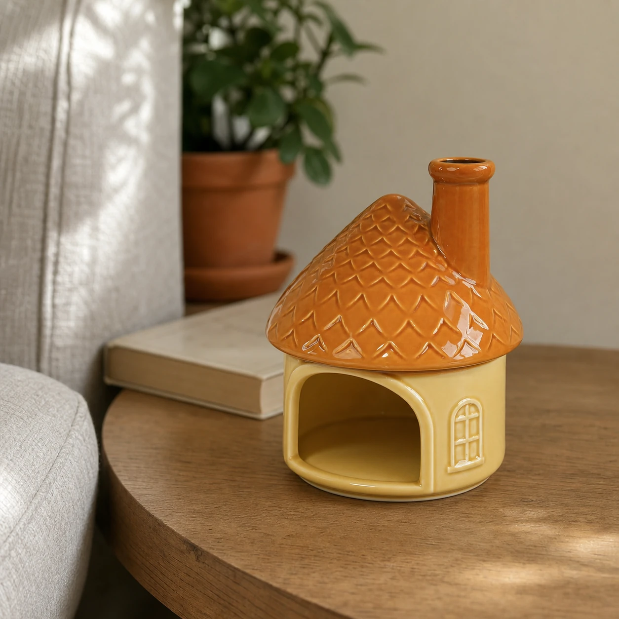 Yellow house ceramic Palo Santo holder displayed empty on a sunny apartment side table