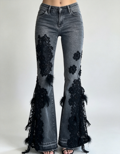 Lace Trim Flare Jeans（Black 5.0）