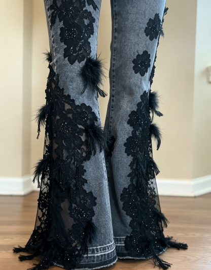 Lace Trim Flare Jeans（Black 5.0）