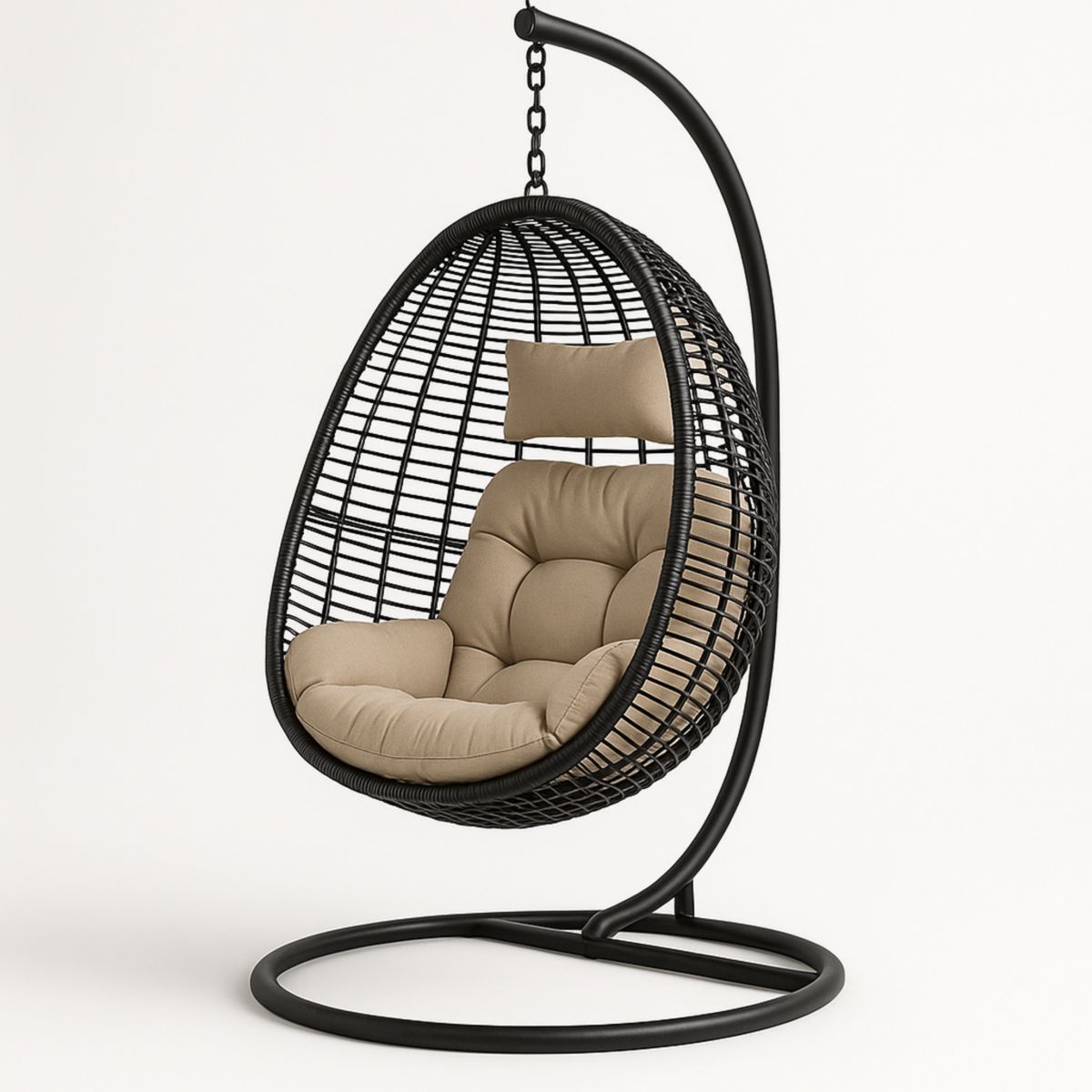 Hangstoel Rotan Metaal Eivormig Zwart/Beige 105cm