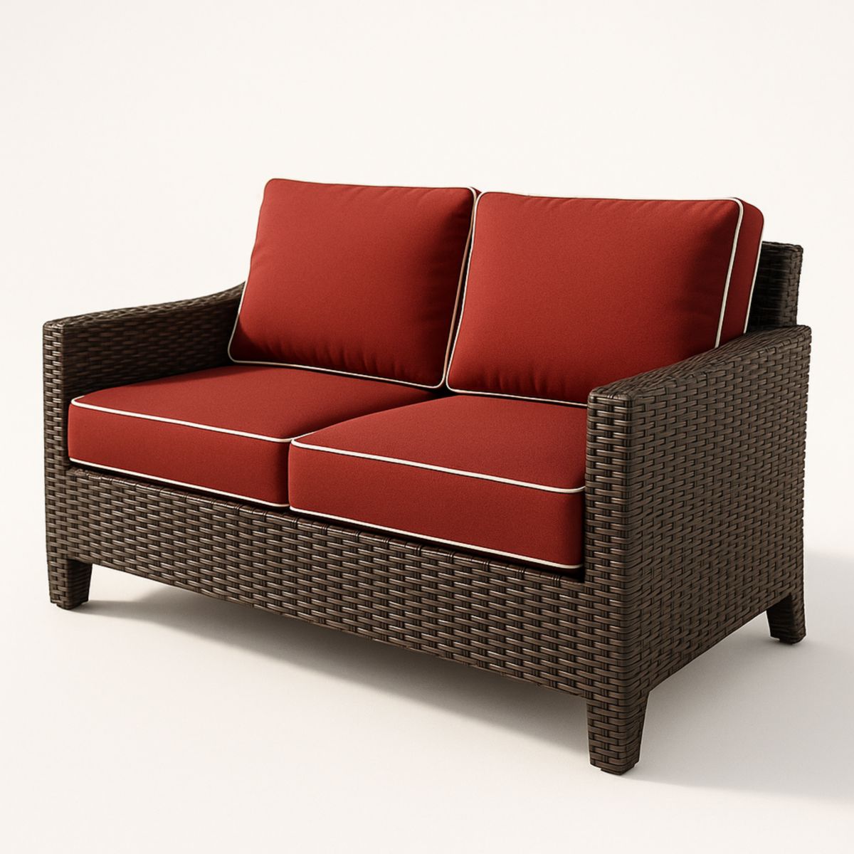 Tuinbank tweezits poly rotan bruin rood kussens 145 cm