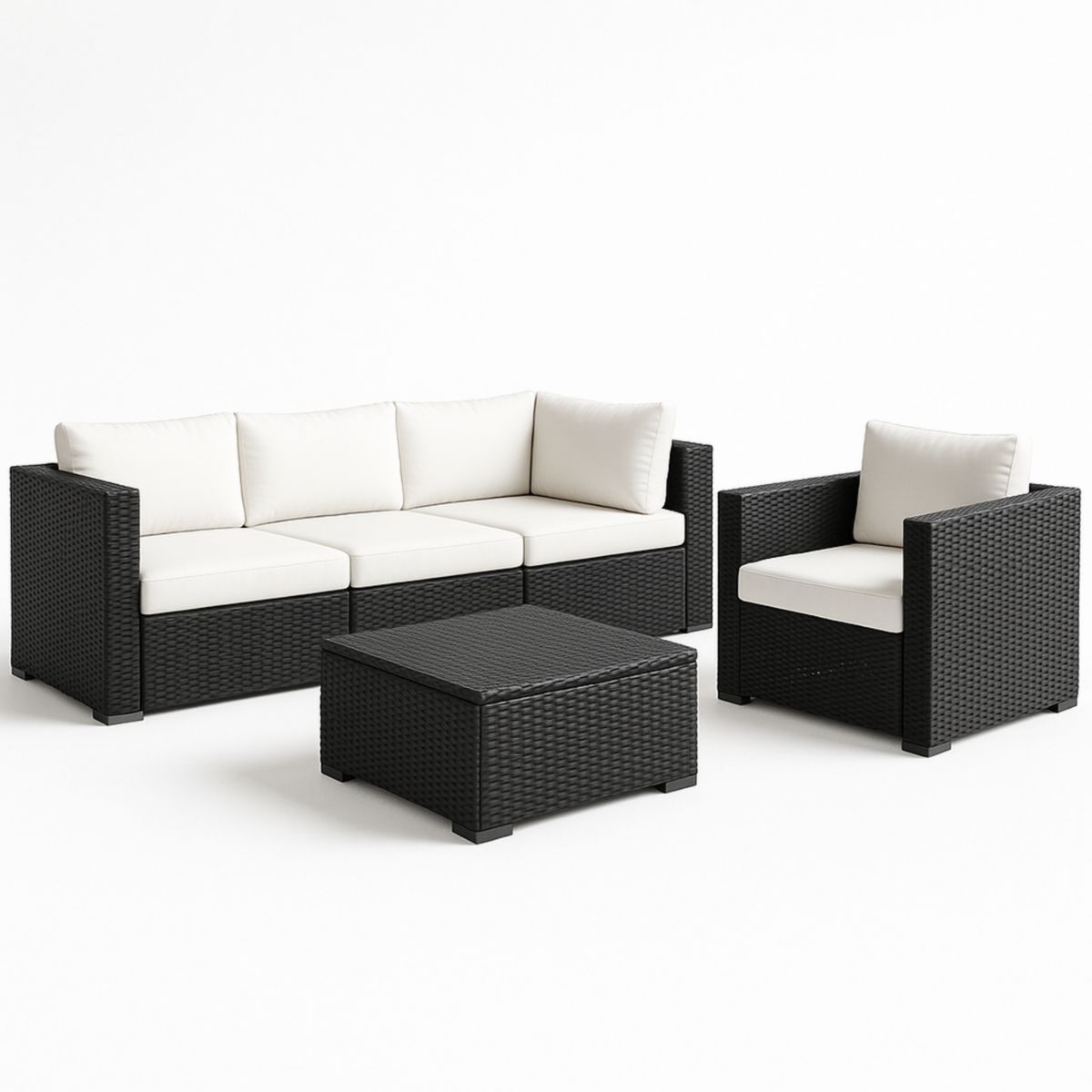 Zwart Wicker Loungeset Driezitsbank Fauteuil Tafel Kussens