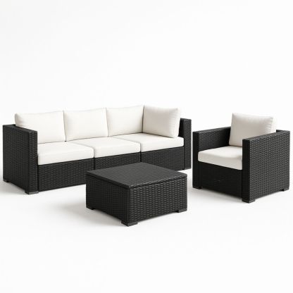 Zwart Wicker Loungeset Driezitsbank Fauteuil Tafel Kussens