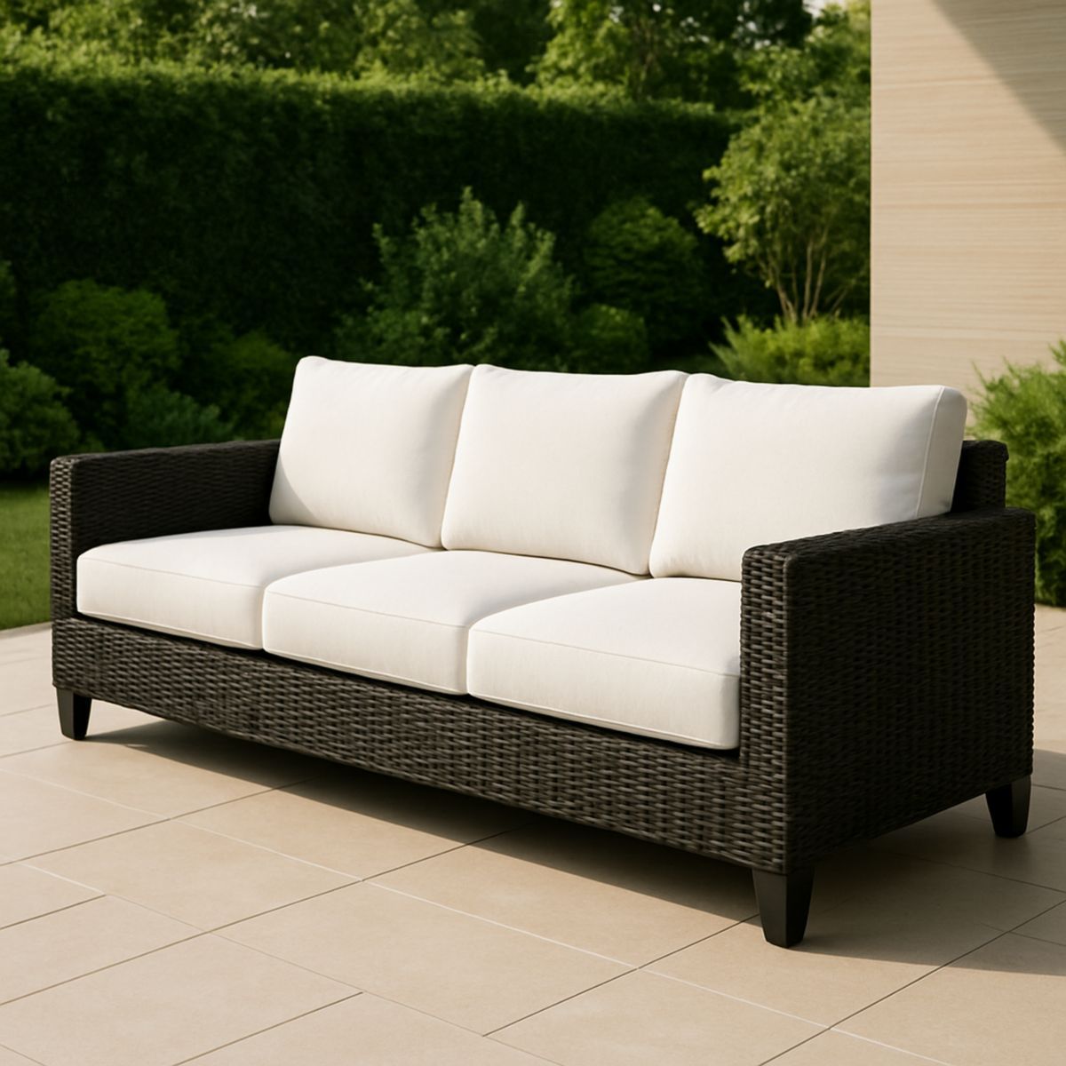 Outdoor loungesofa met rotan frame en polyester kussens Wit/Zwart 210cm