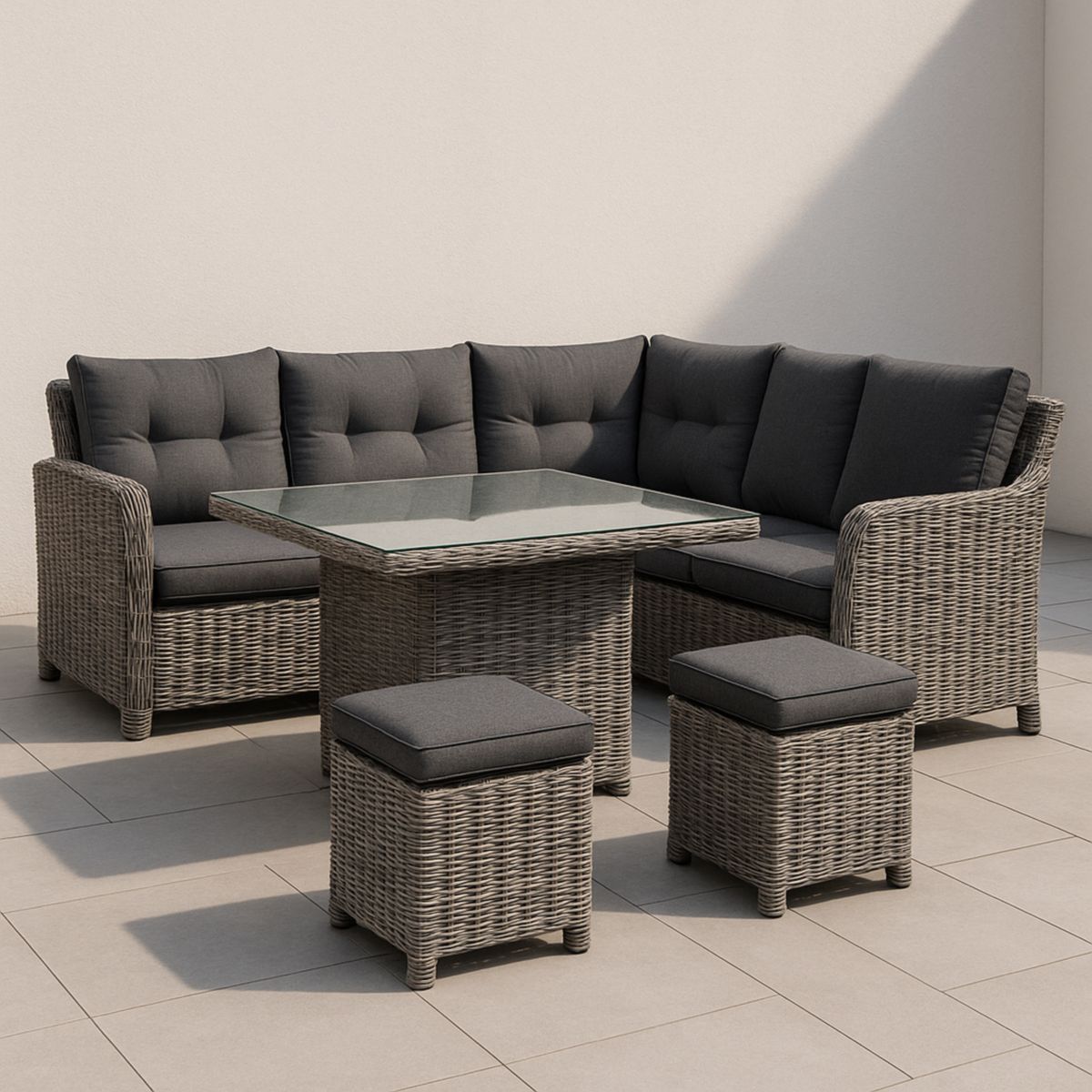 L-vormige tuinmeubelset wicker met glasplaat tafel antraciet