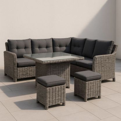 L-vormige tuinmeubelset wicker met glasplaat tafel antraciet