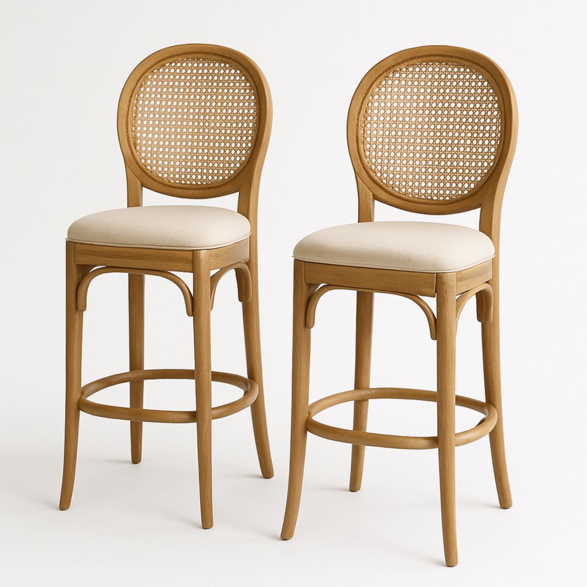 Set van 2 Rattan Barkrukken Massief Beukenhout Beige Stoffen Zitting H113cm