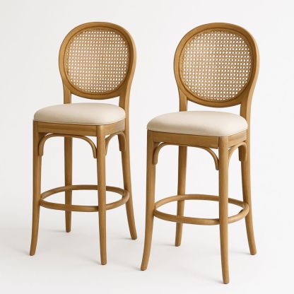 Set van 2 Rattan Barkrukken Massief Beukenhout Beige Stoffen Zitting H113cm