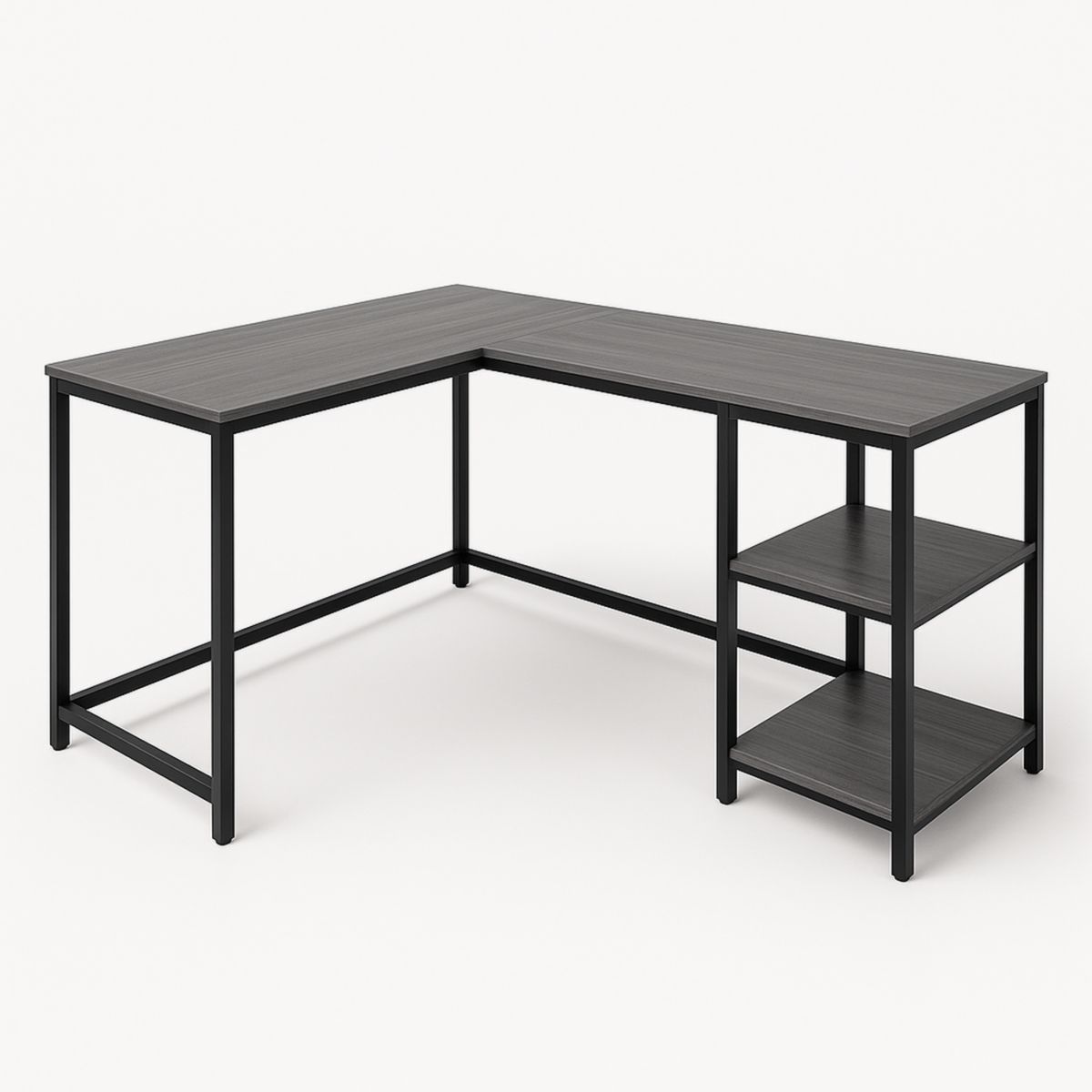 L-vormige Computertafel met Rekken en Metaalframe Antraciet/Donkergrijs 140x120x75cm