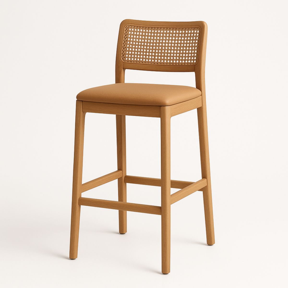 Houten barkruk PU lederen zitting rotan rugleuning 45x100x40 cm Lichtbruin