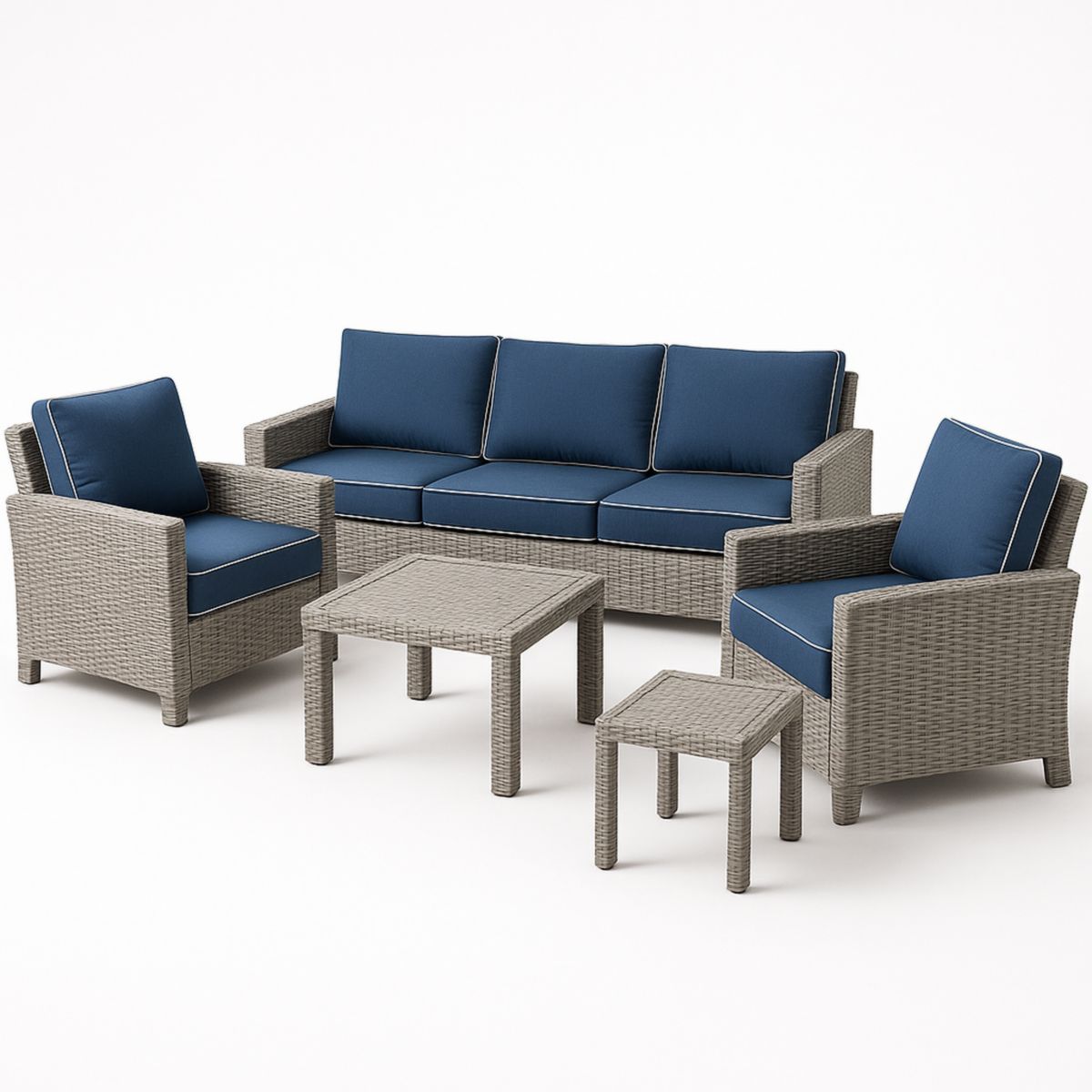 Loungeset Vlechtwerk Aluminium Blauw Kussens Tafel Stoel Grijs