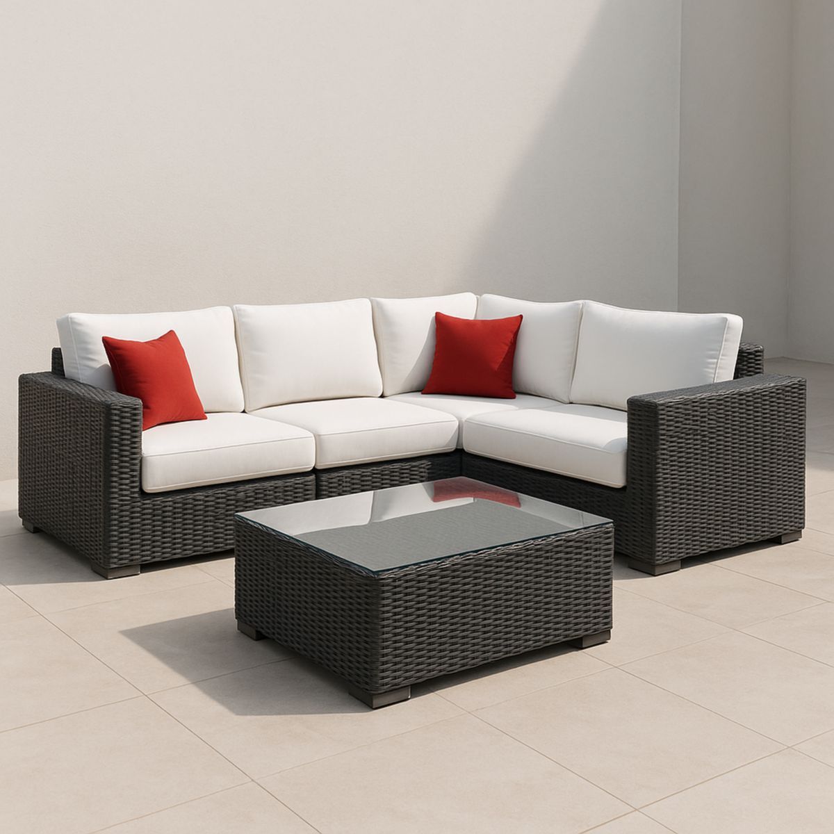 L-vormige tuinmeubelset polyethyleen met glazen tafelblad wit/rood