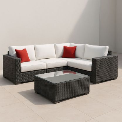 L-vormige tuinmeubelset polyethyleen met glazen tafelblad wit/rood