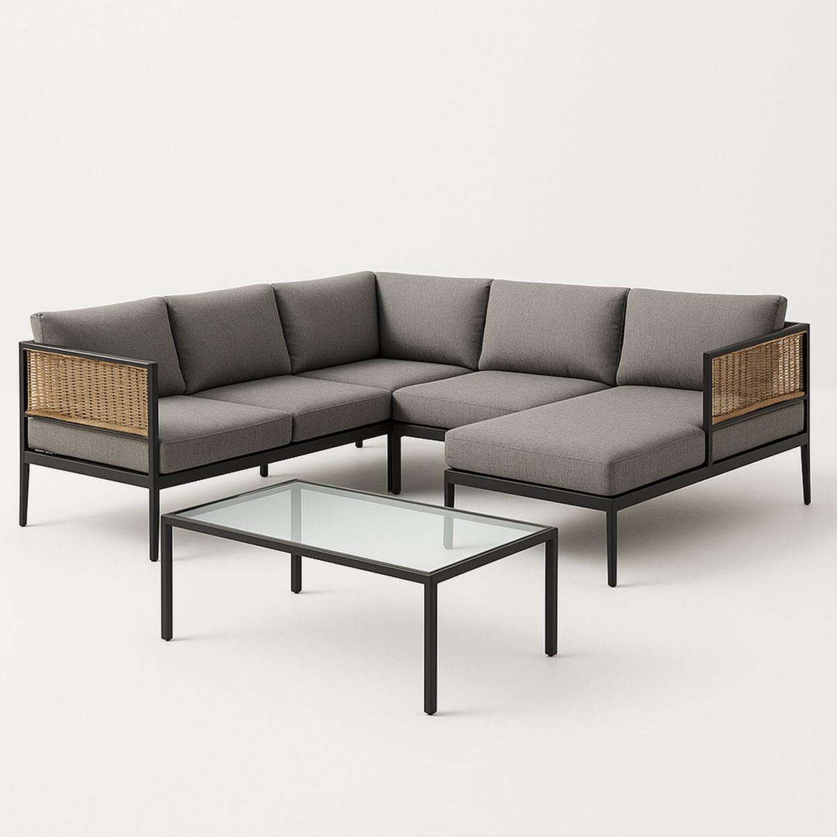 Zwarte Hoekbank Set Aluminium Wicker Kussens Glas Tafel Grijs 246cm