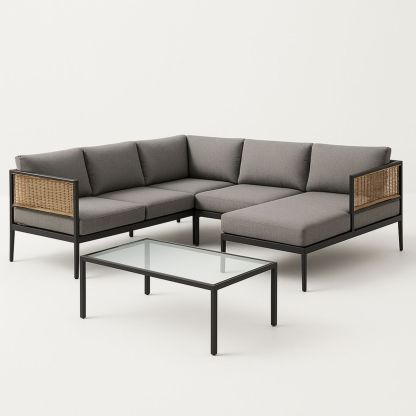 Zwarte Hoekbank Set Aluminium Wicker Kussens Glas Tafel Grijs 246cm