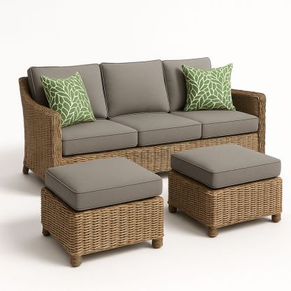 Rotan loungeset met grijze kussens en groene sierkussens, inclusief driezitsbank en twee hockers