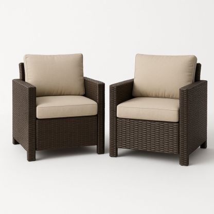 Set van 2 polyethyleen tuinstoelen met crèmekleurige kussens