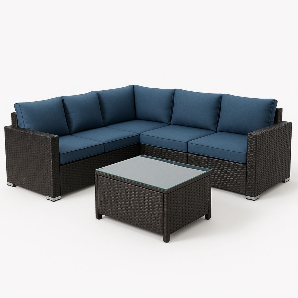 Blauwe Polyrotan Loungeset Hoekbank met Kussens en Glazen Tafel