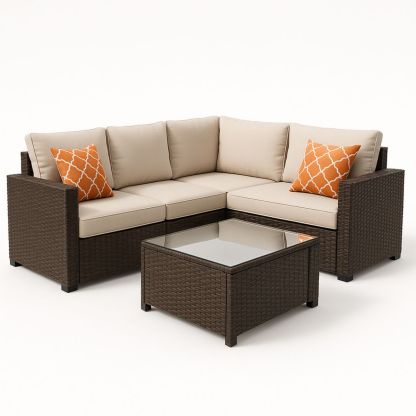 Tuinmeubelset Wicker L-vorm Polyester Kussens Bruin/Beige