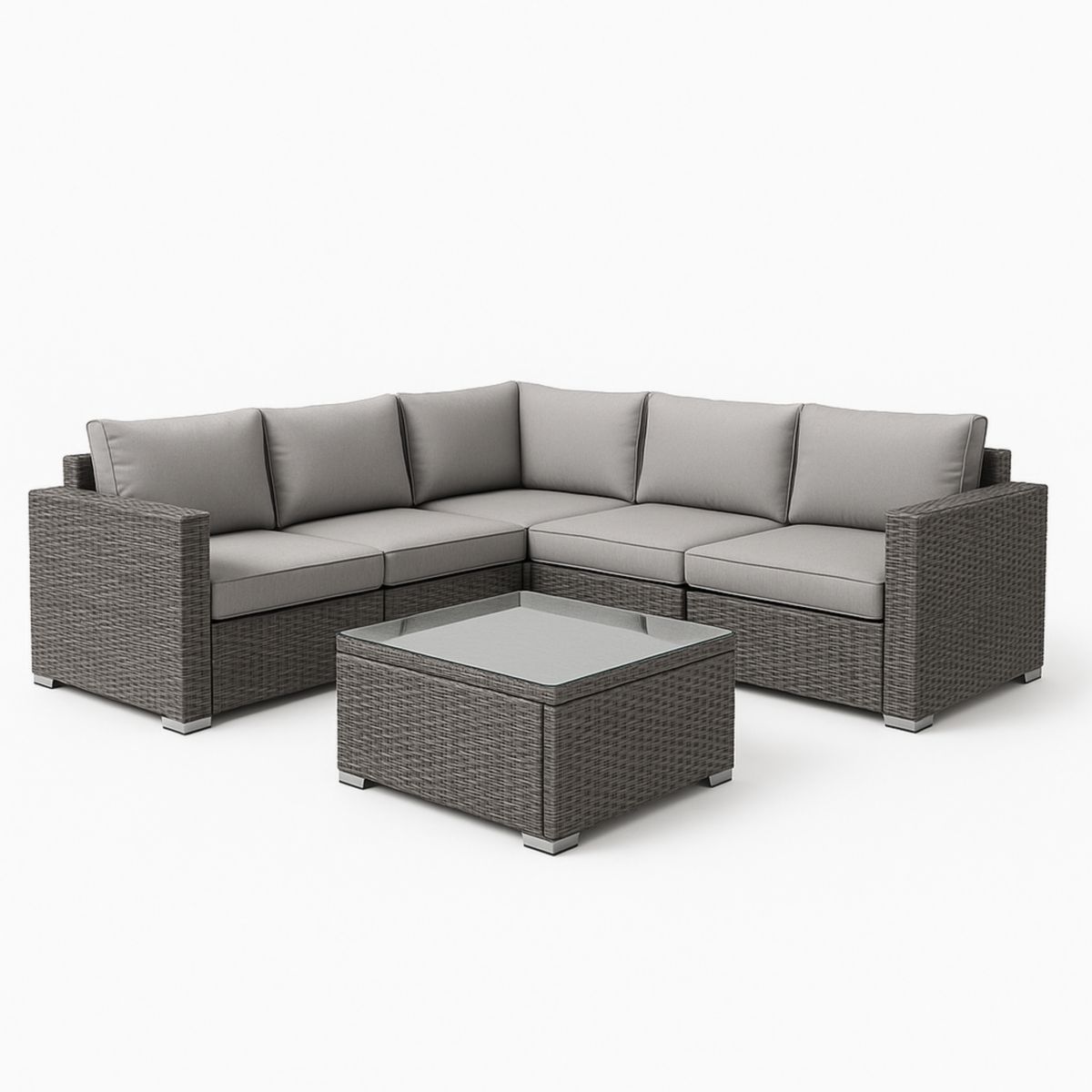 Grijze Hoek Loungeset in Polyrattan met Kussen en Glazen Tafelblad