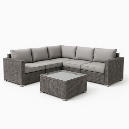 Grijze Hoek Loungeset in Polyrattan met Kussen en Glazen Tafelblad