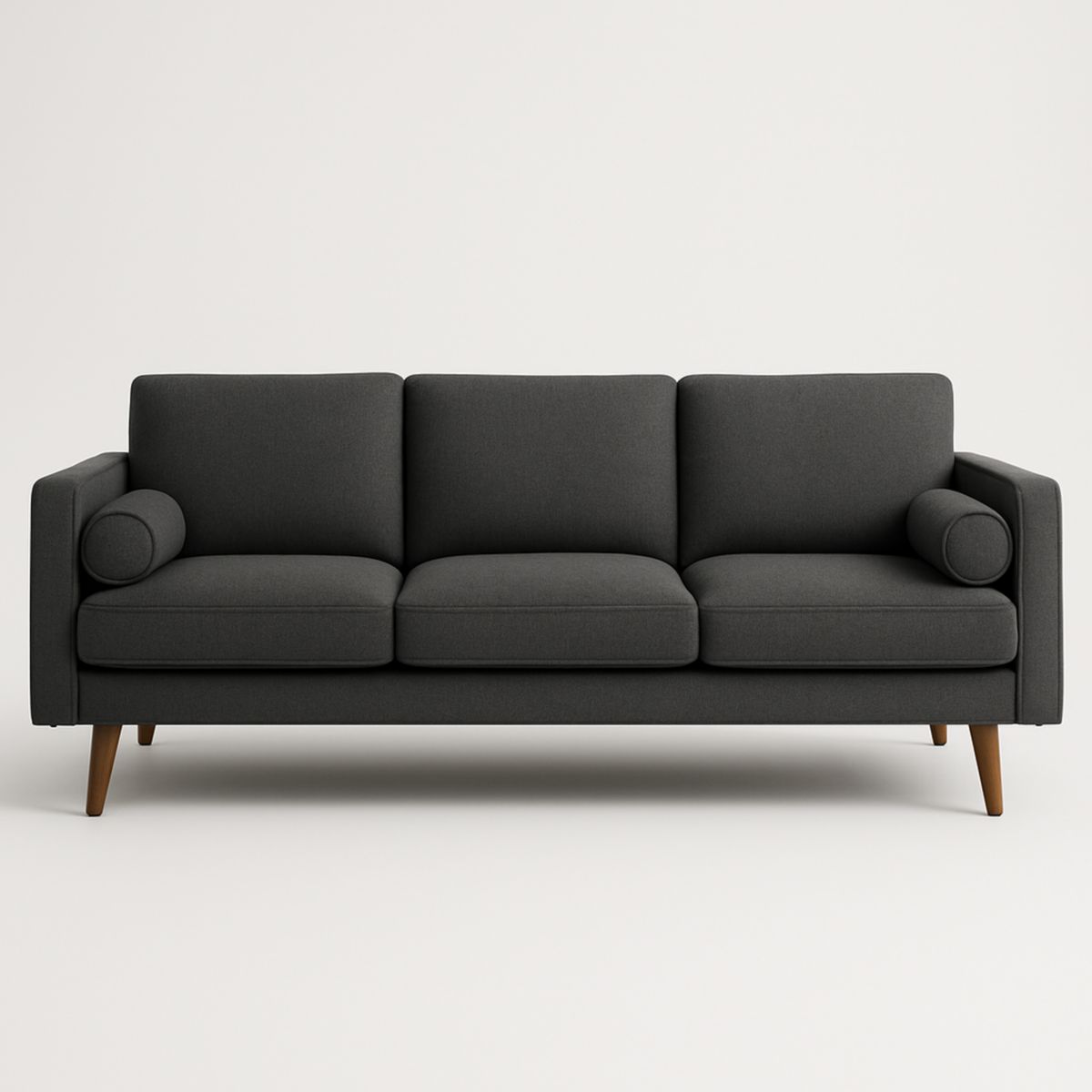 Donkergrijze stoffen driezitsbank met houten poten