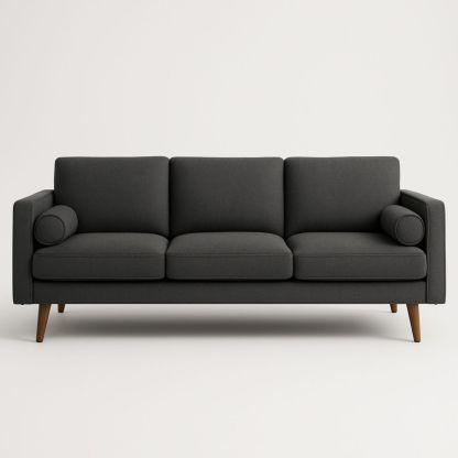 Donkergrijze stoffen driezitsbank met houten poten