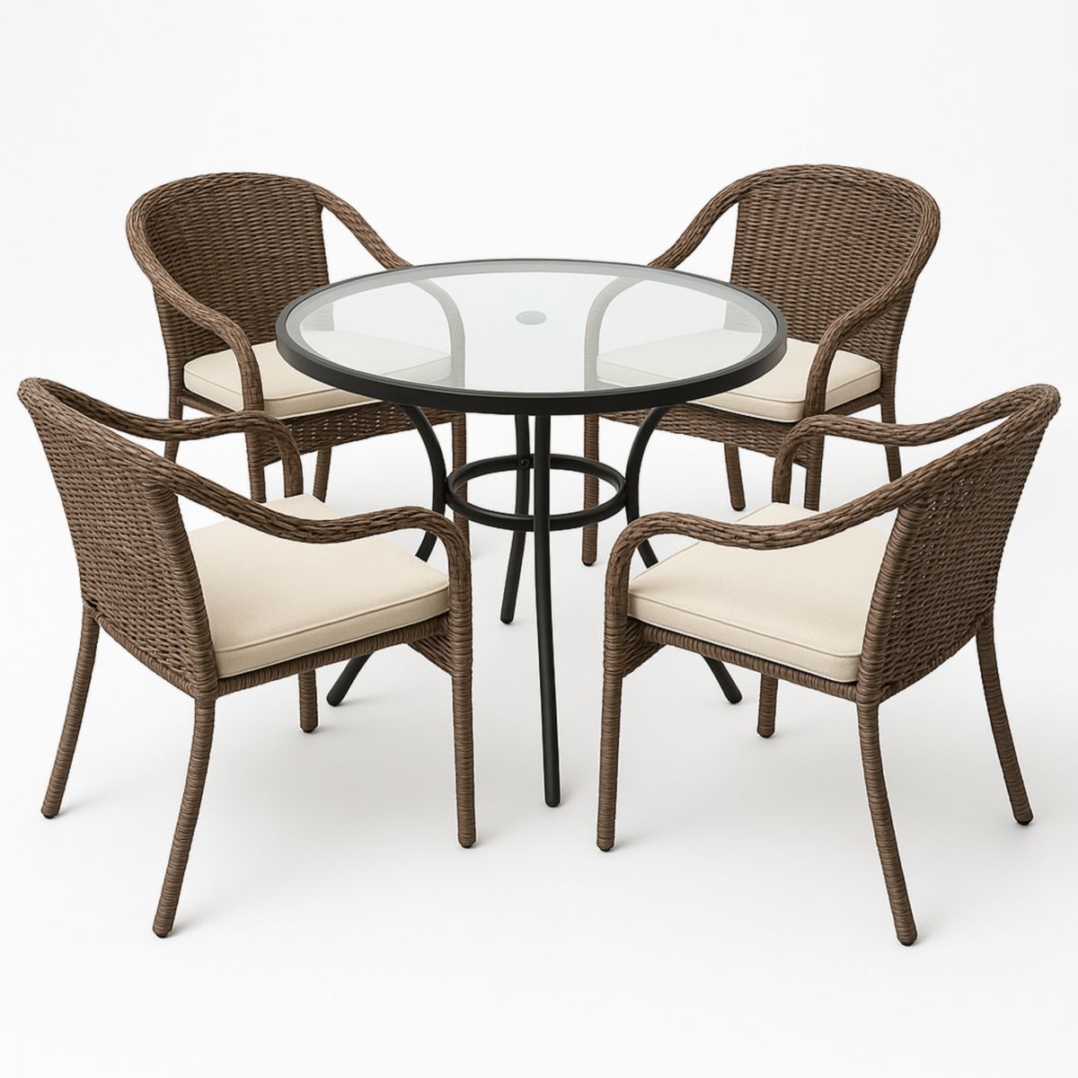 Ronde Tafel en Stoelenset met 4 Stoelen Glasblad Rotan Bruin/Crème