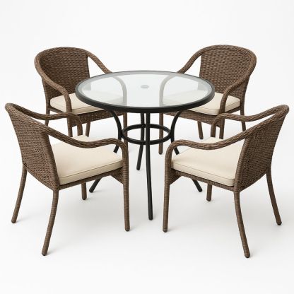 Ronde Tafel en Stoelenset met 4 Stoelen Glasblad Rotan Bruin/Crème