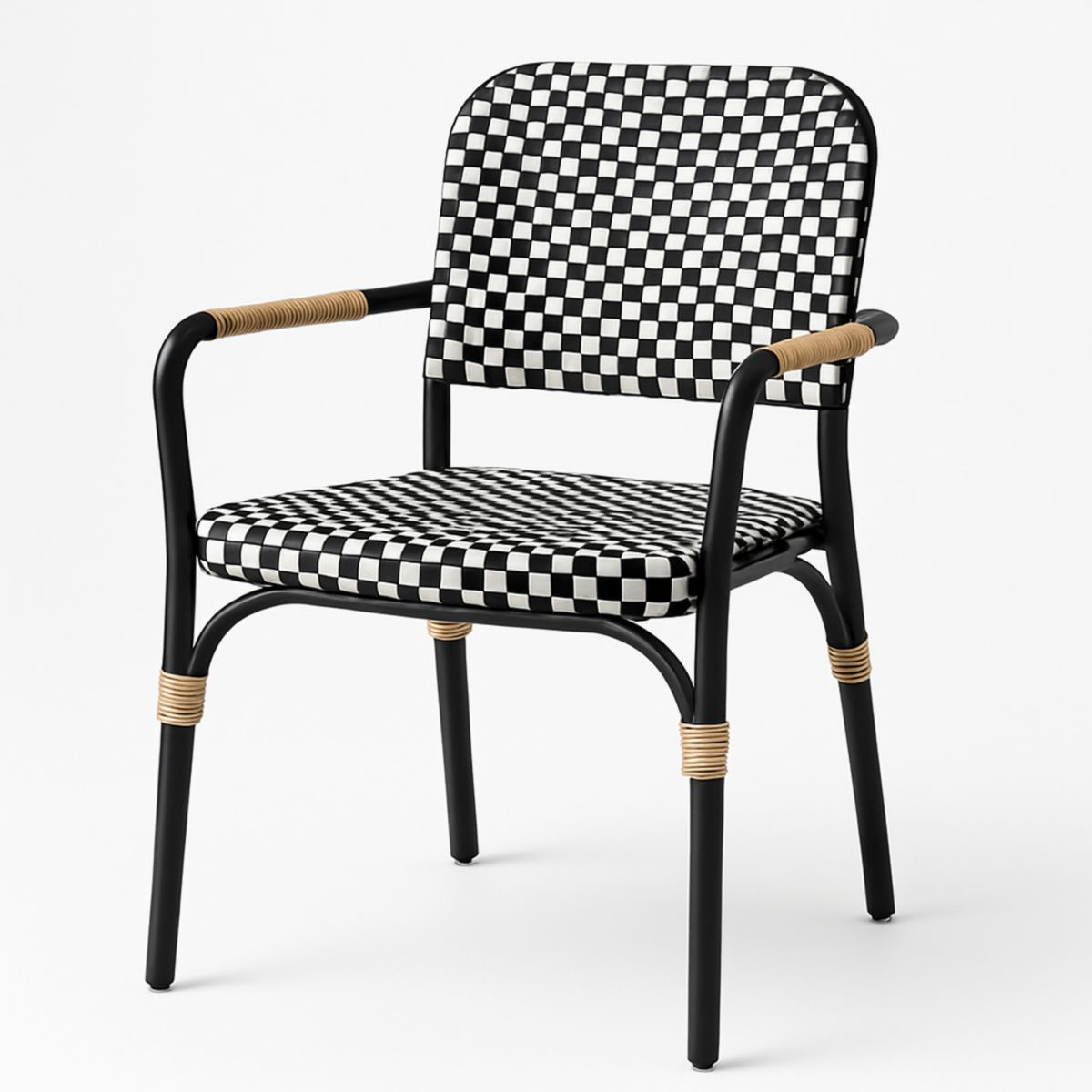 Zwart-wit geblokte aluminium tuinstoel met armleuningen