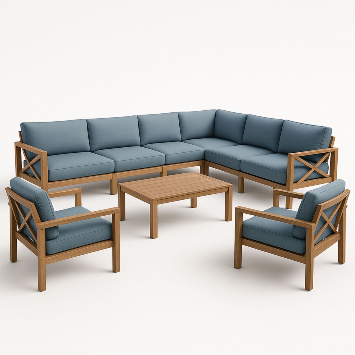 hoekbank loungeset hout lichtblauw kussen 8-delig