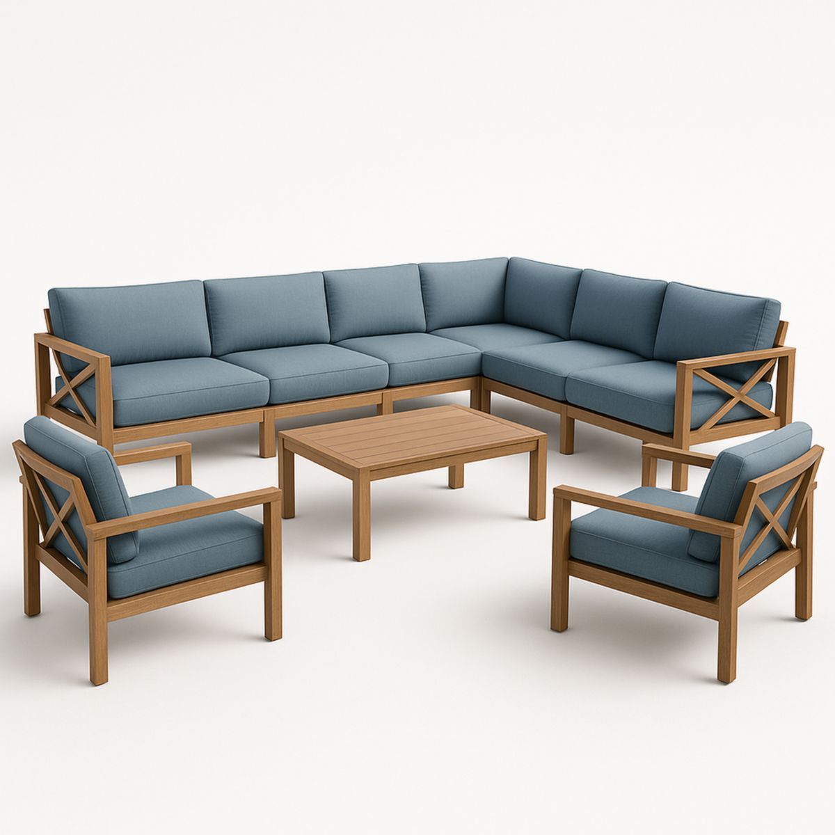 hoekbank loungeset hout lichtblauw kussen 8-delig