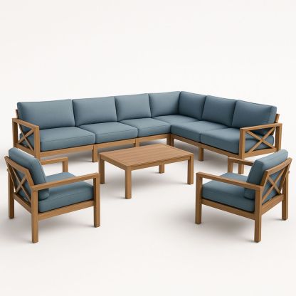 hoekbank loungeset hout lichtblauw kussen 8-delig