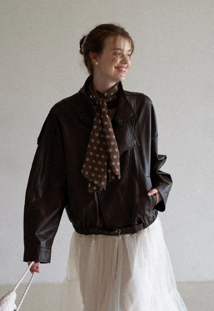 Funnel-Neck Leather Jacket