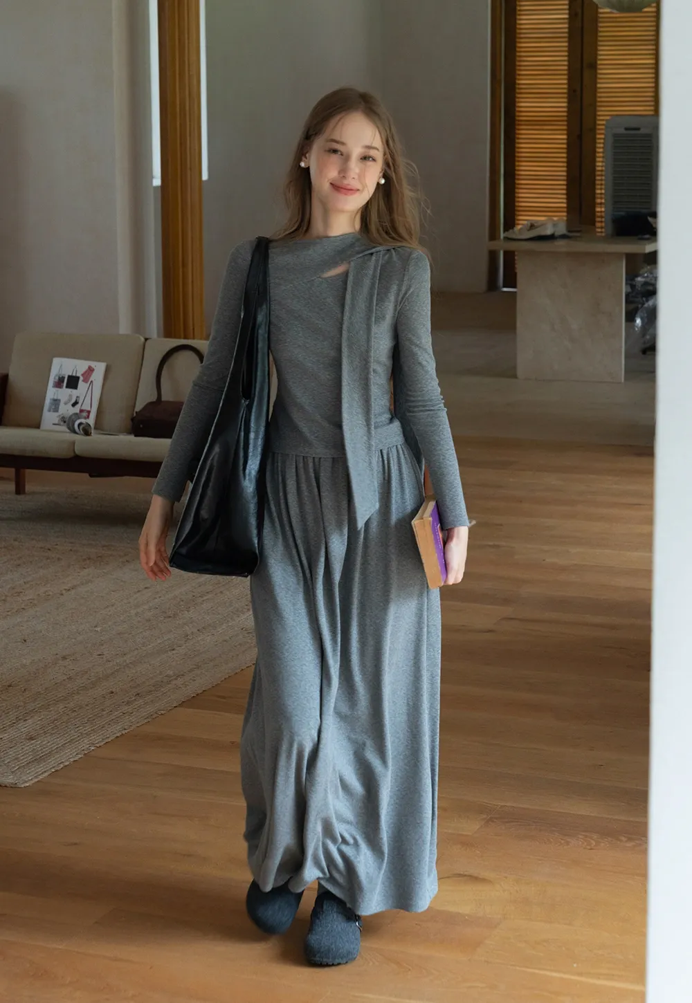 Relaxed Grey 2 Piece Outfit Long Sleeve Tee and Skirt