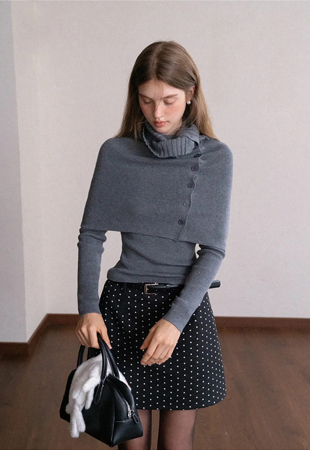 Long Sleeve Knit Top with Button Collar