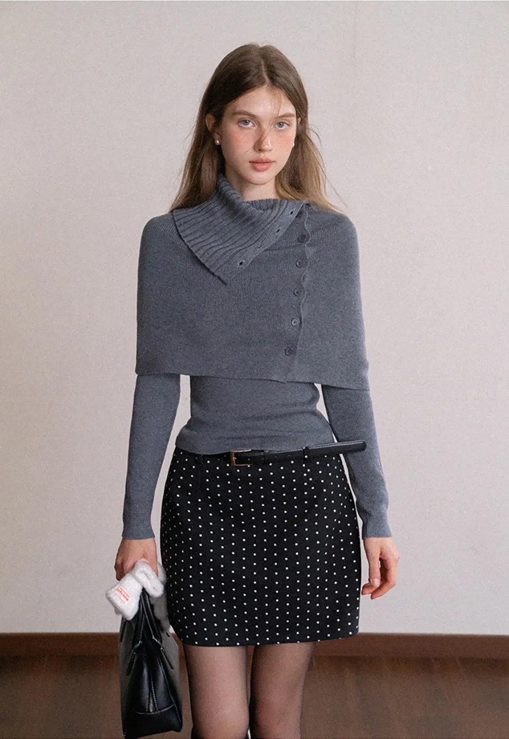 Long Sleeve Knit Top with Button Collar