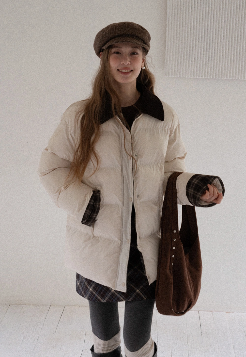 Women Short Cotton Coat with Contrast Collar and Cuffs