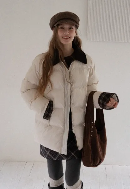 Women Short Cotton Coat with Contrast Collar and Cuffs