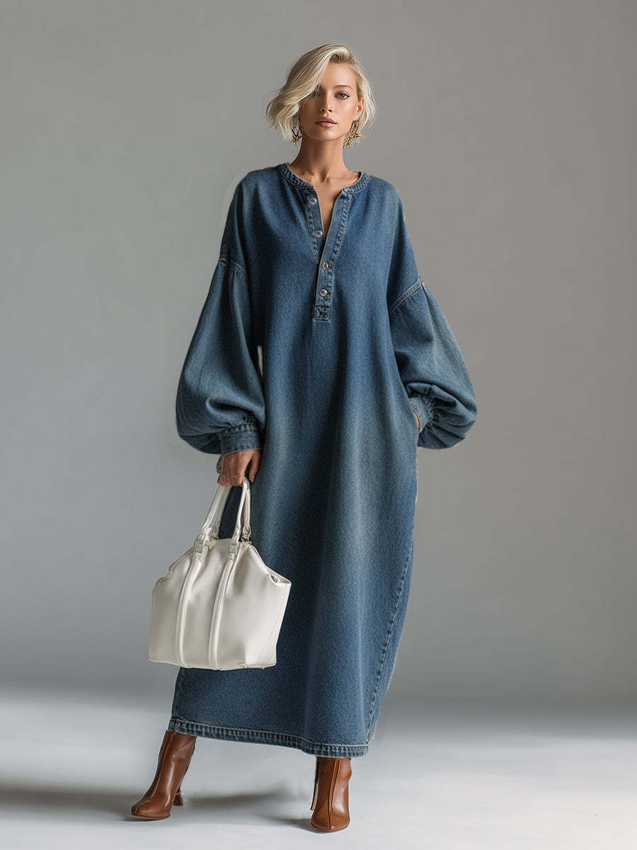 Elegant Urban-style Blue Denim Button-down Maxi Dress
