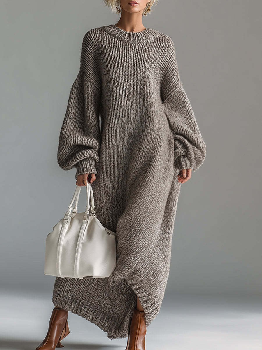 Elegant Urban Silhouette Round Neck Heathered Khaki Knitted Maxi Dress