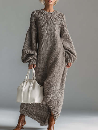 Elegant Urban Silhouette Round Neck Heathered Khaki Knitted Maxi Dress