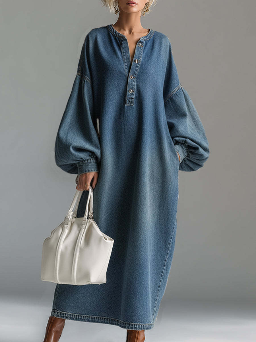 Elegant Urban-style Blue Denim Button-down Maxi Dress