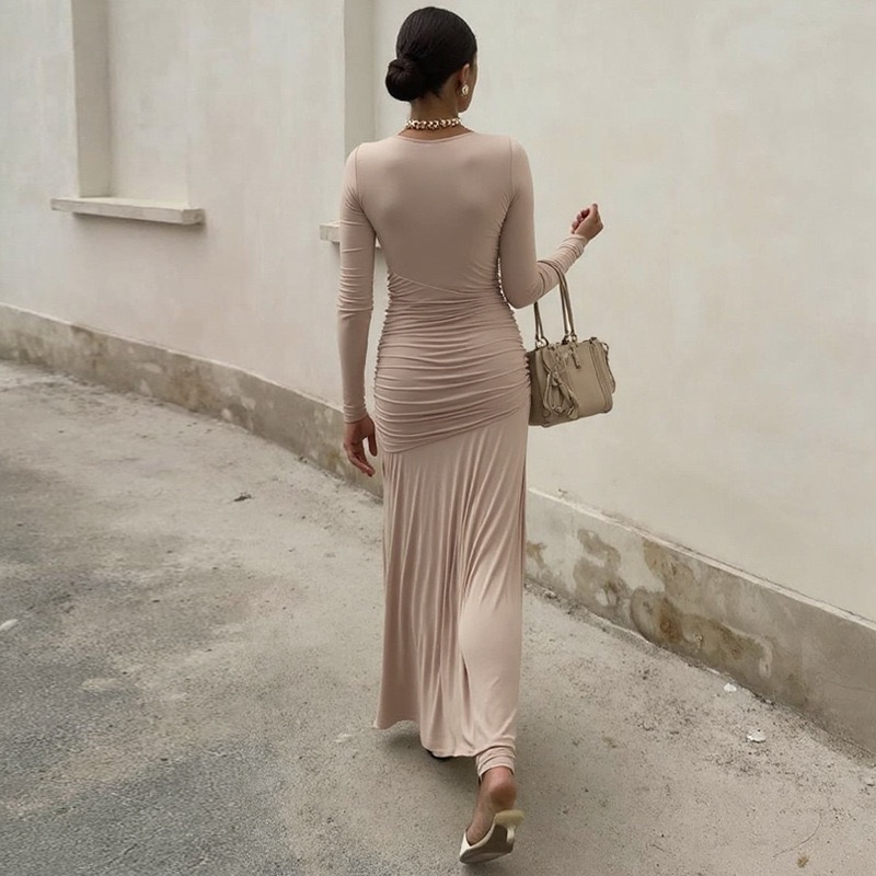 Elegant Fitted Waistline with Asymmetric Pleats Long-Sleeve Dress for Women