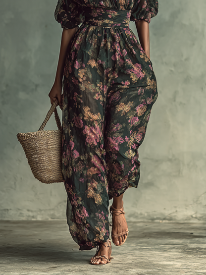Women's Chiffon Floral Print Bandeau Short Sleeve Waist Jumpsuit MDA1152G0Y