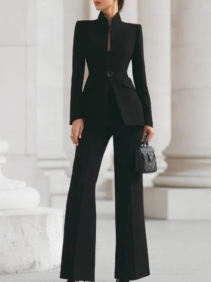 Sophisticated Navy High-Collar Blazer & Wide-Leg Trousers Set