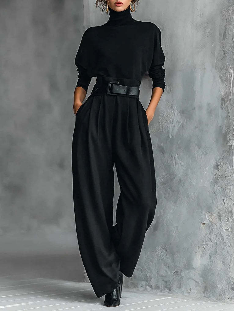 All-black Turtleneck Long-sleeved T-shirt And Straight-leg Pants Two-p