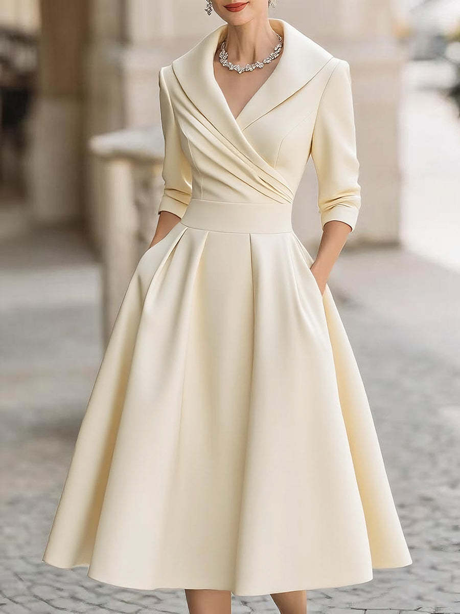 Vintage-Inspired Satin Midi Dress With Draped Collar