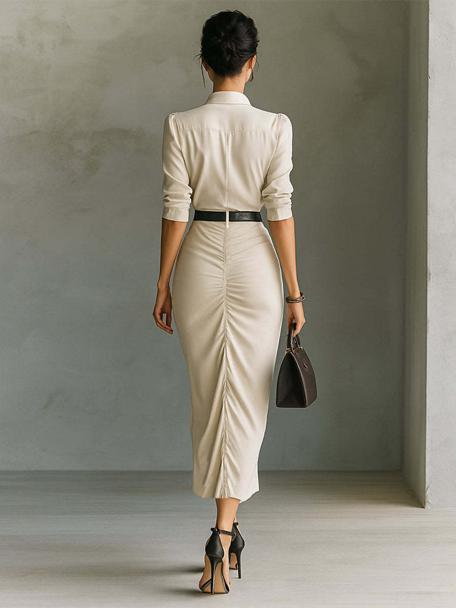 Women's Solid Color Lapel Single-breasted Mid-length Sleeve Belt Maxi Dress MDA0816G7Y